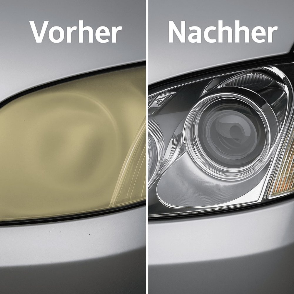 Scheinwerfer: Vorher / Nachher – links vergilbt, rechts klar